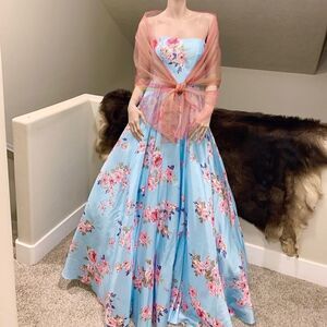 New Strapless Blue Floral Print Ball Gown With Sequined Shawl